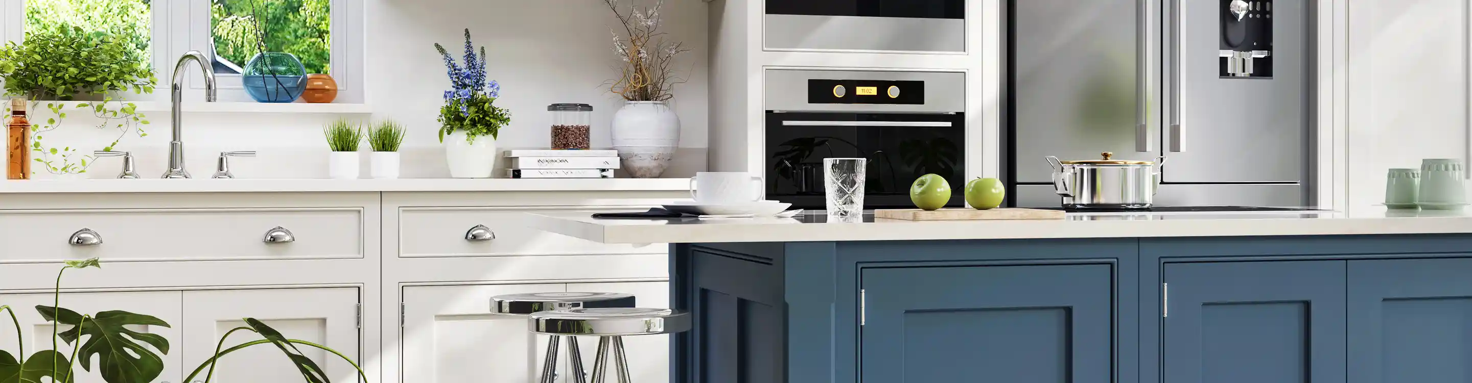 kitchen with white cabinets and island