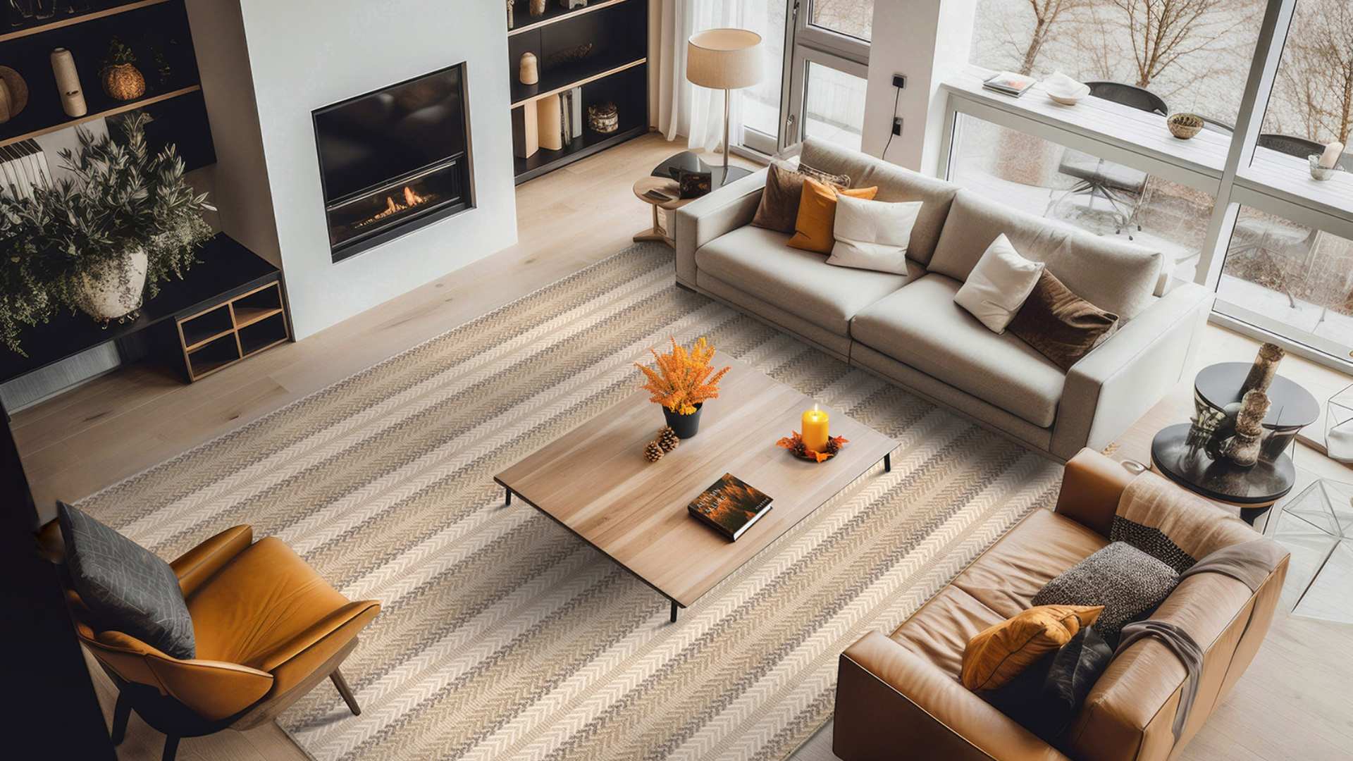 earth toned area rug in modern living room with fireplace and neutrals